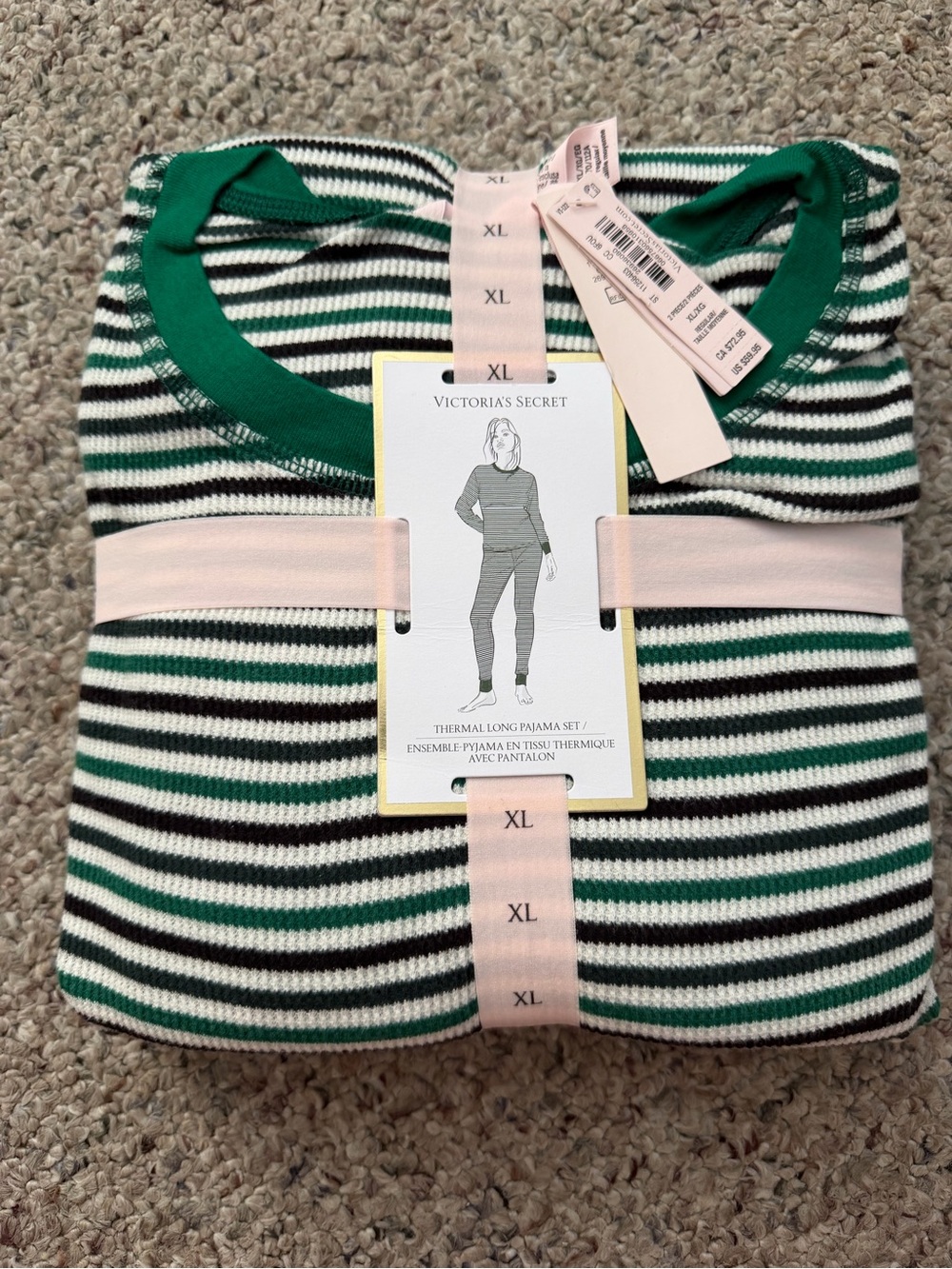 NWT Victoria's Secret Green, Black & White Striped Thermal Long Pajama Set